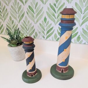 Vintage Rare Set of 2 Palecek Wooden Lighthouse Taper Candle Holders